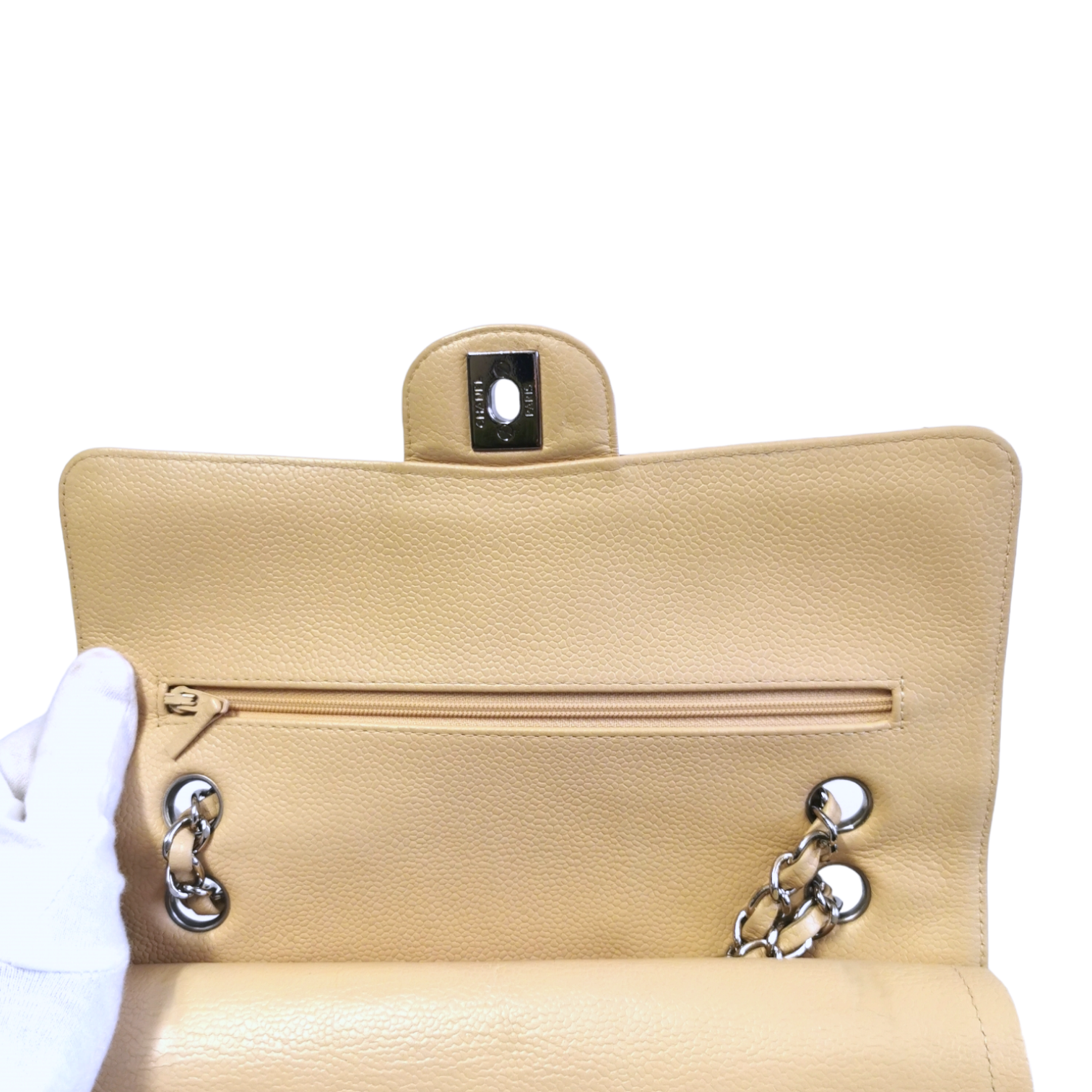 Chanel Classic Double Flap Medium Beige Caviar Silver