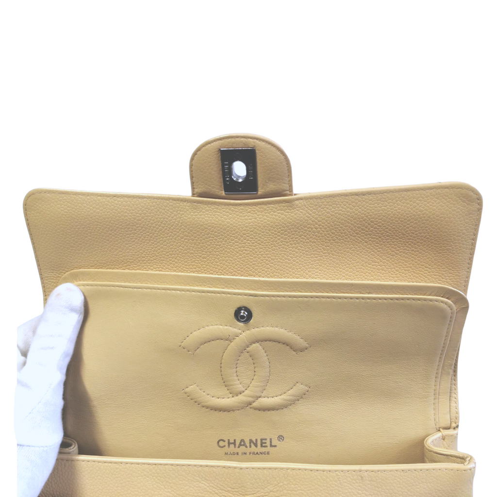 Chanel Classic Double Flap Medium Beige Caviar Silver