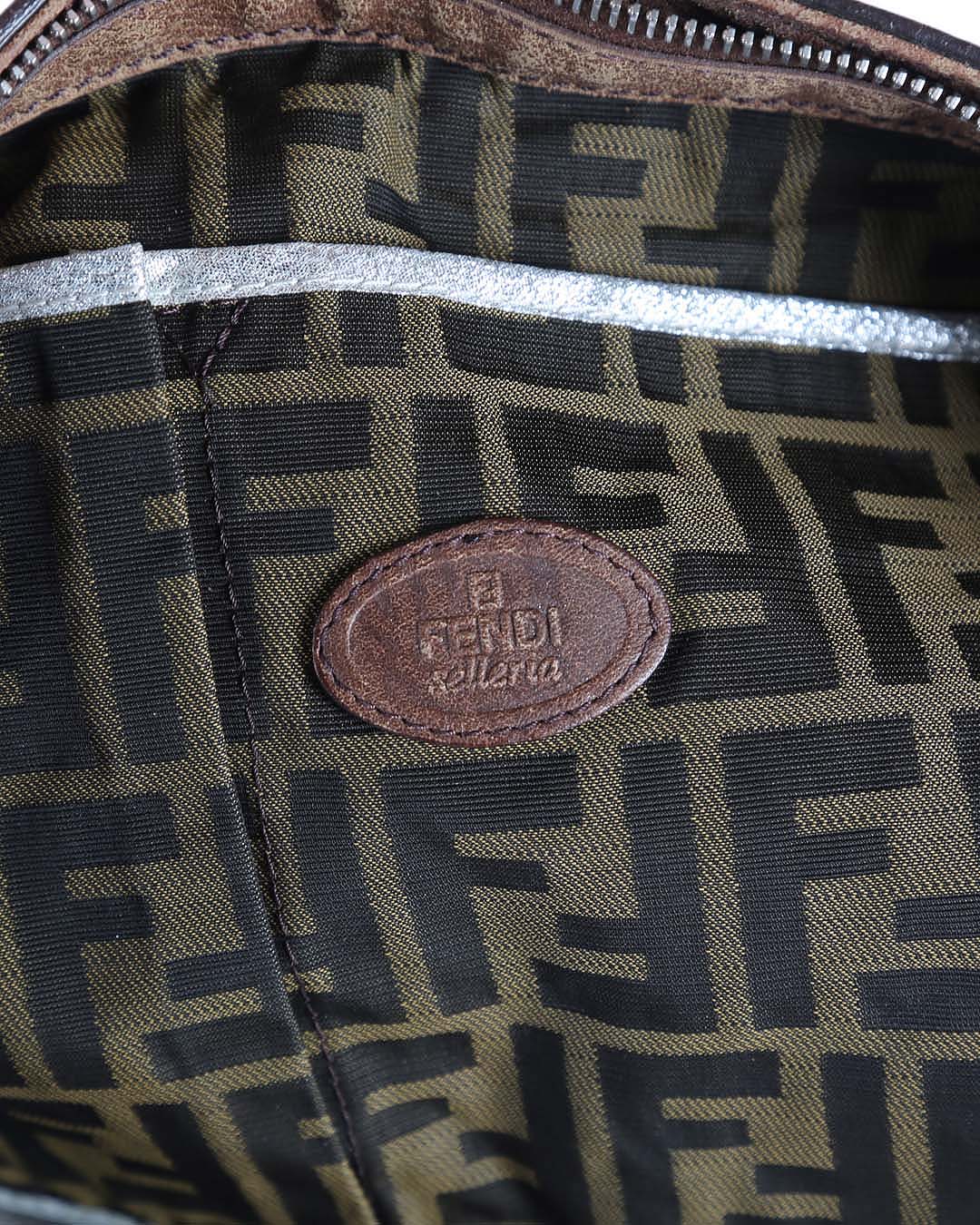 FENDI Brown Leather Stitched Logo Selleria Shoulder Bag