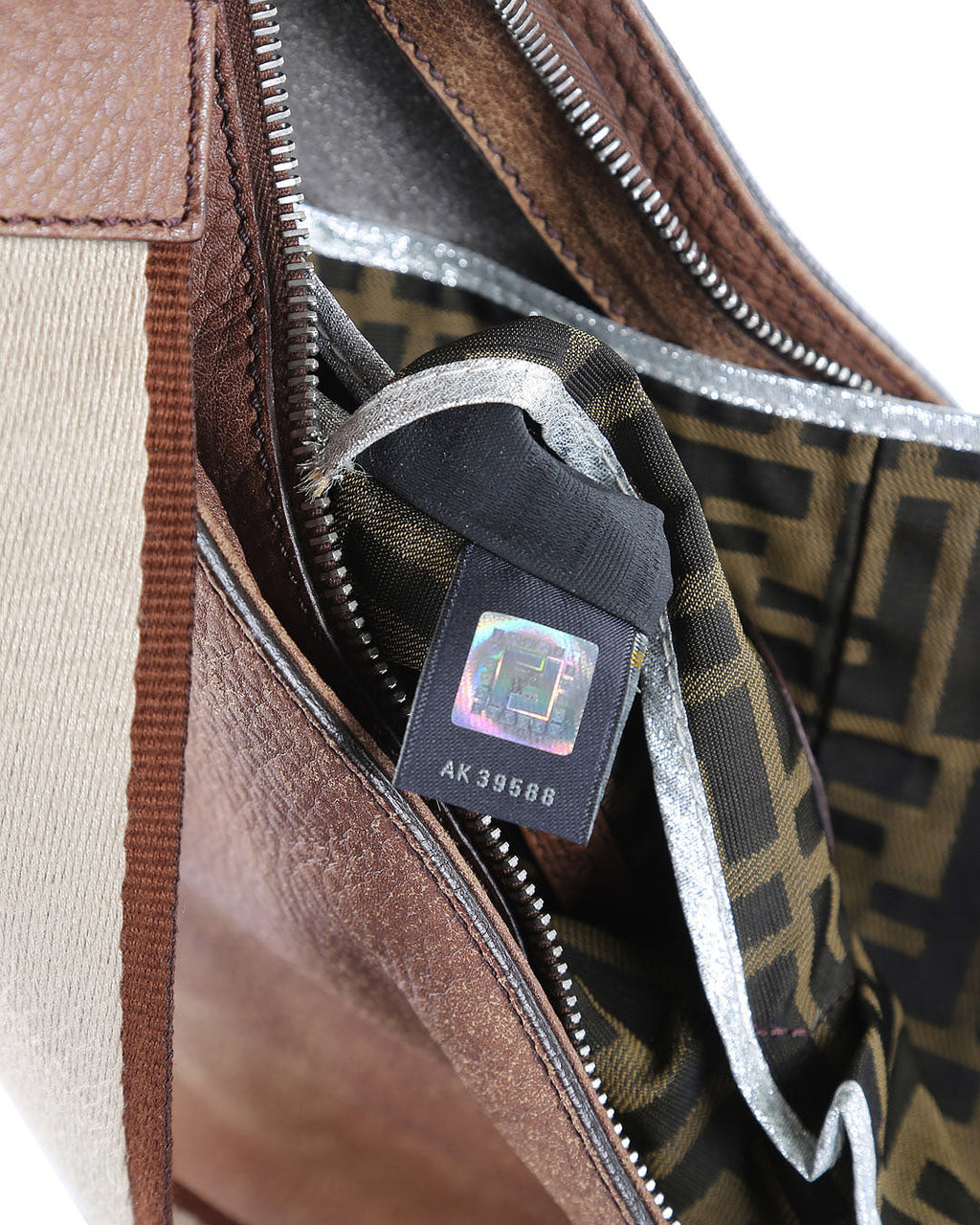 FENDI Brown Leather Stitched Logo Selleria Shoulder Bag