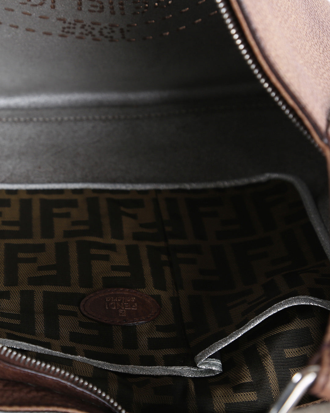 FENDI Brown Leather Stitched Logo Selleria Shoulder Bag