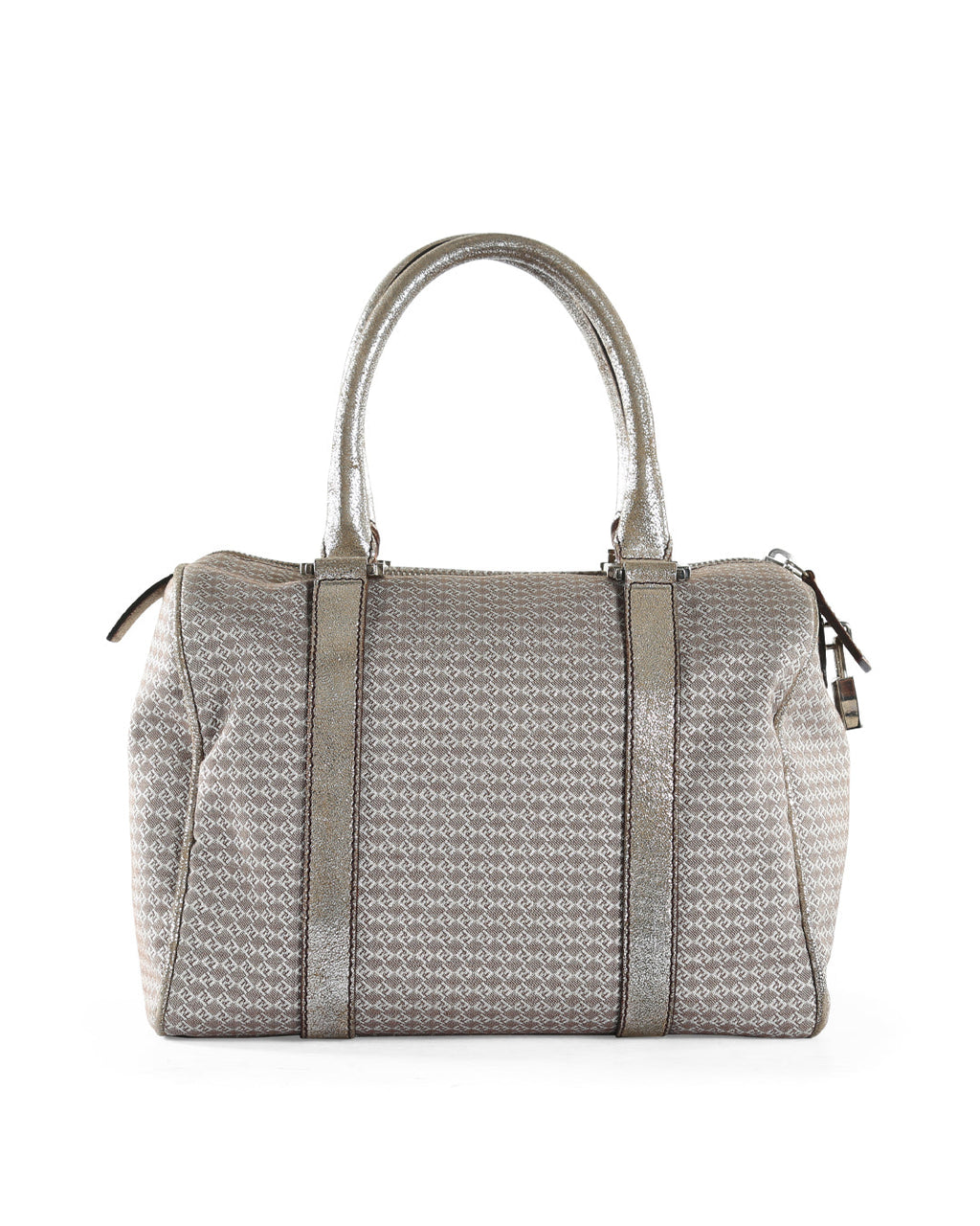 FENDI Metallic Silver/Brown Micro Zucchino Canvas & Leather Bauletto Forever Boston Bag