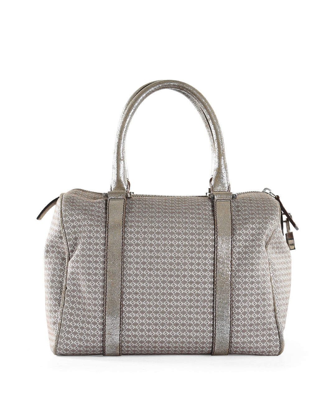 FENDI Metallic Silver/Brown Micro Zucchino Canvas & Leather Bauletto Forever Boston Bag