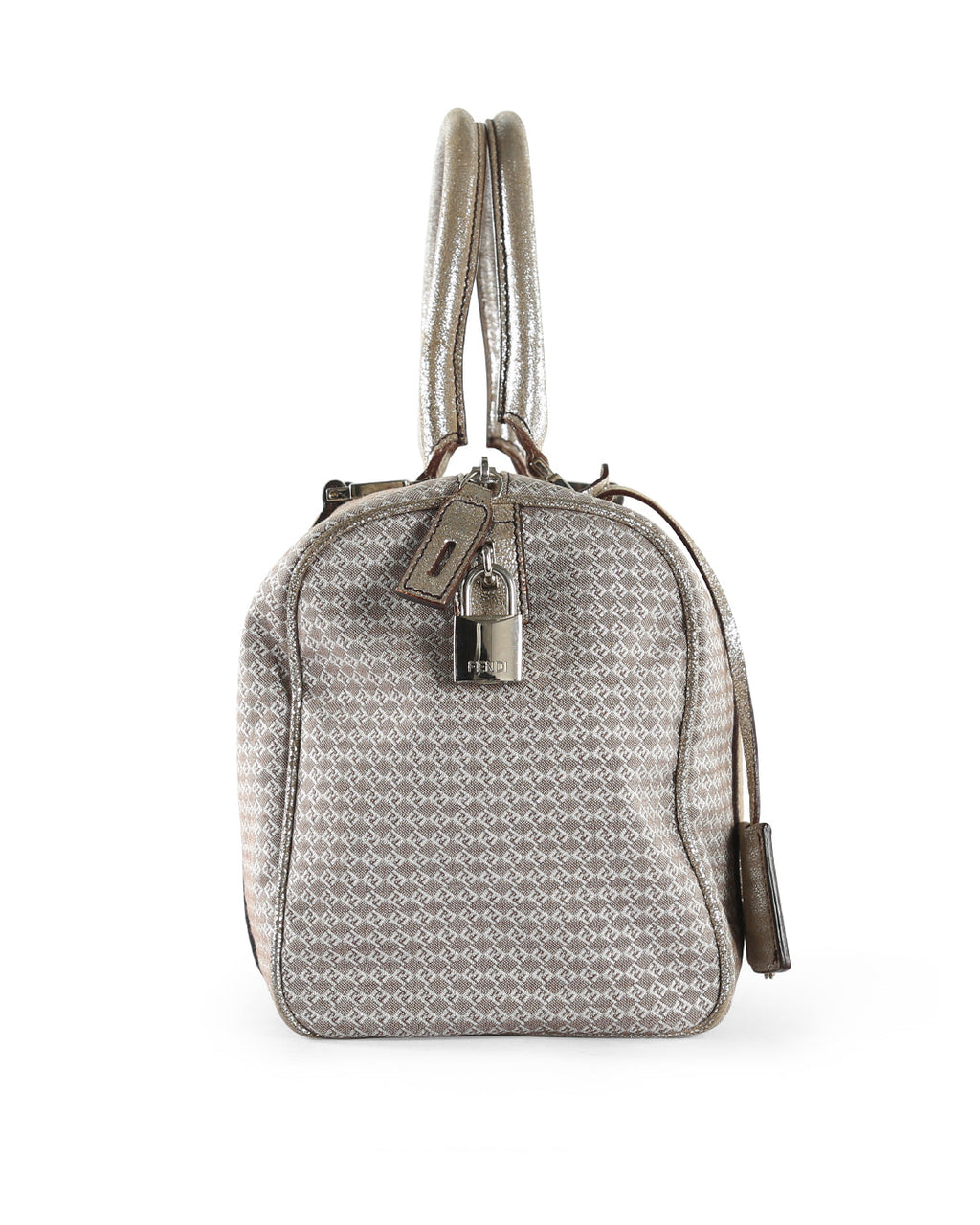FENDI Metallic Silver/Brown Micro Zucchino Canvas & Leather Bauletto Forever Boston Bag