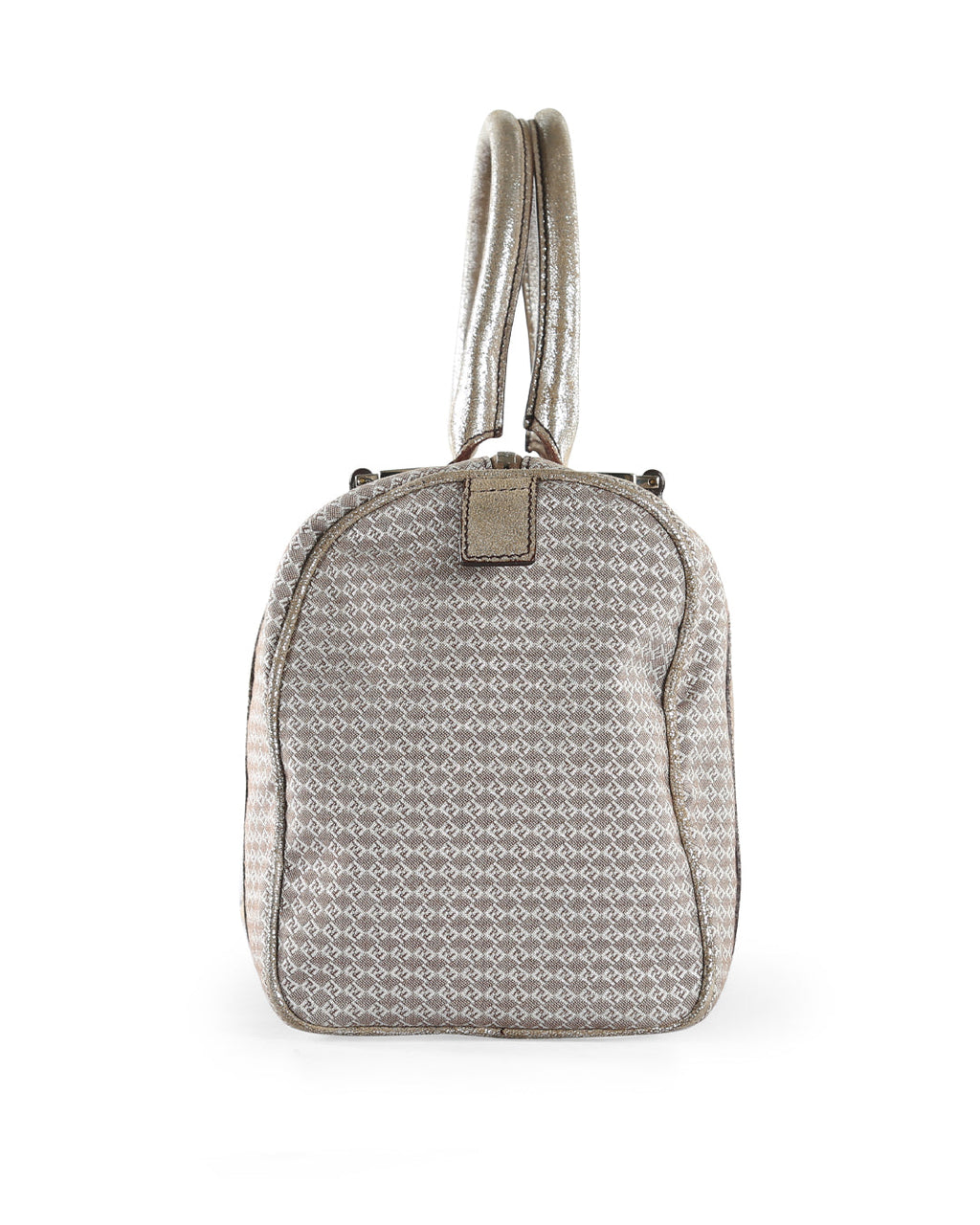 FENDI Metallic Silver/Brown Micro Zucchino Canvas & Leather Bauletto Forever Boston Bag
