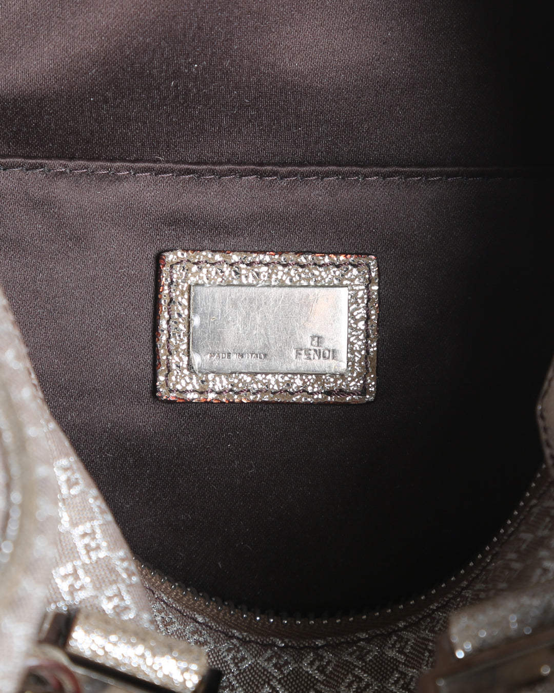 FENDI Metallic Silver/Brown Micro Zucchino Canvas & Leather Bauletto Forever Boston Bag