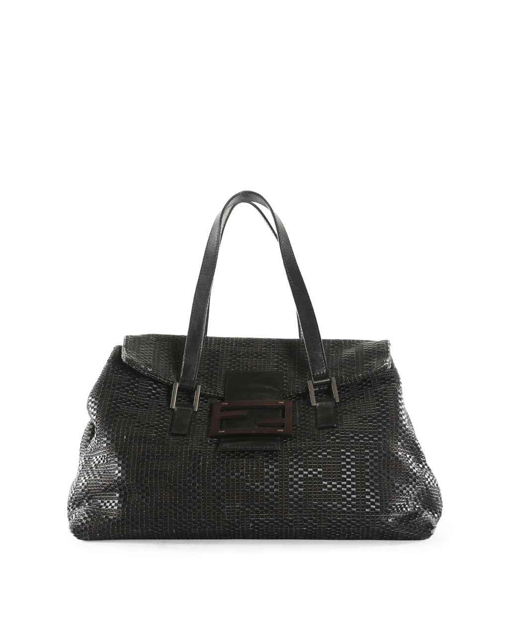 FENDI Black/Brown Woven Canvas & Leather Large Forever Tote Bag