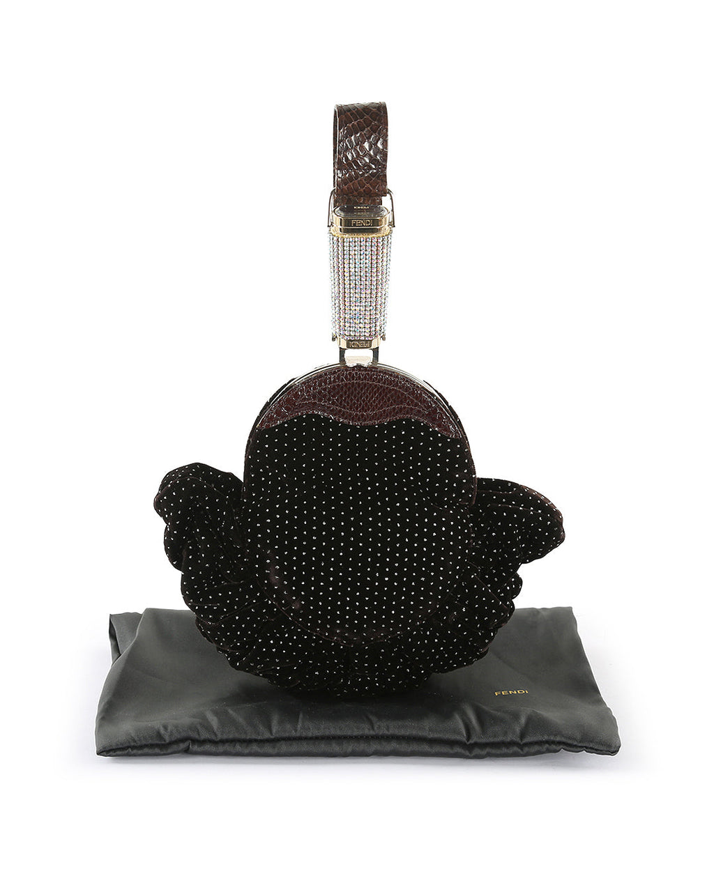 FENDI Brown Velvet & Python Crystal Wristlet Clutch