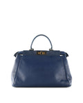 FENDI Blue Leather With Leopard Print Lining Medium Peekaboo Top Handle Bag