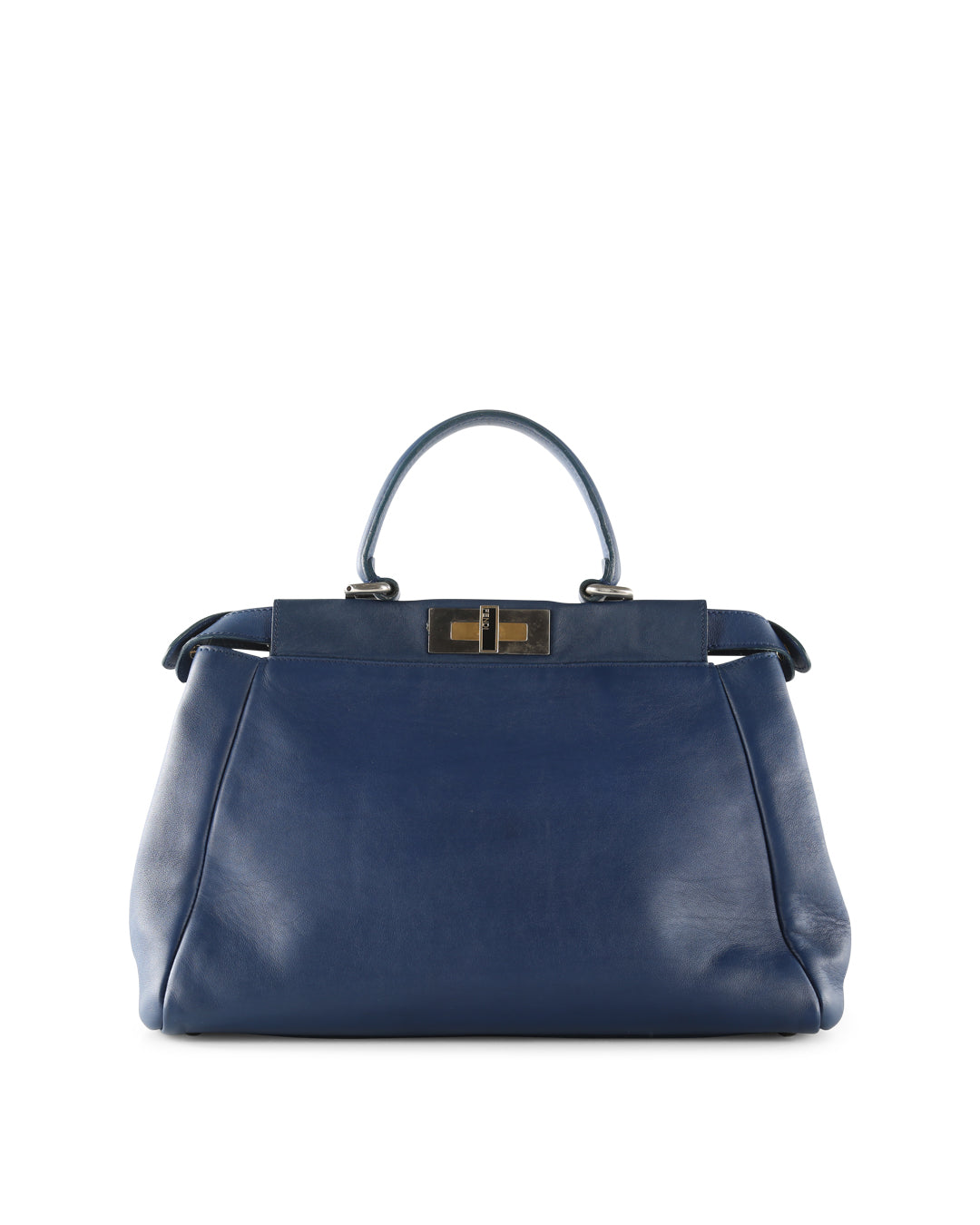 FENDI Blue Leather With Leopard Print Lining Medium Peekaboo Top Handle Bag