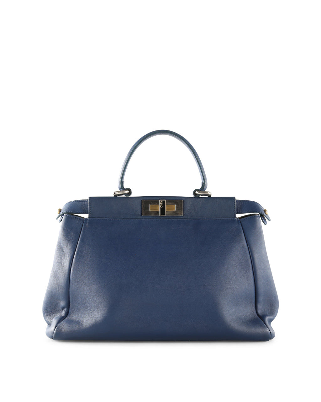 FENDI Blue Leather With Leopard Print Lining Medium Peekaboo Top Handle Bag