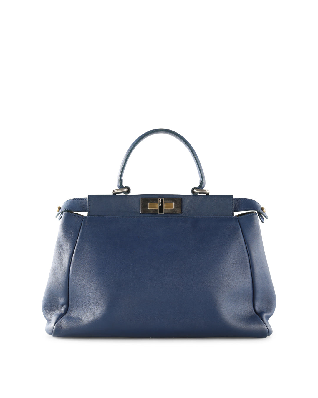 FENDI Blue Leather With Leopard Print Lining Medium Peekaboo Top Handle Bag