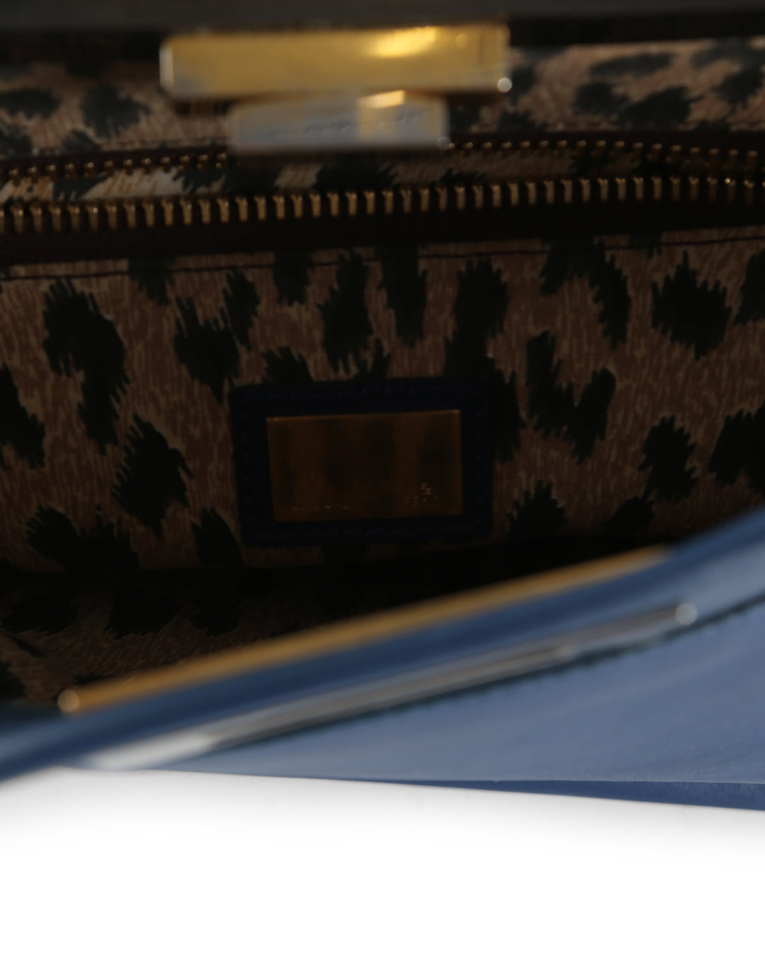 FENDI Blue Leather With Leopard Print Lining Medium Peekaboo Top Handle Bag