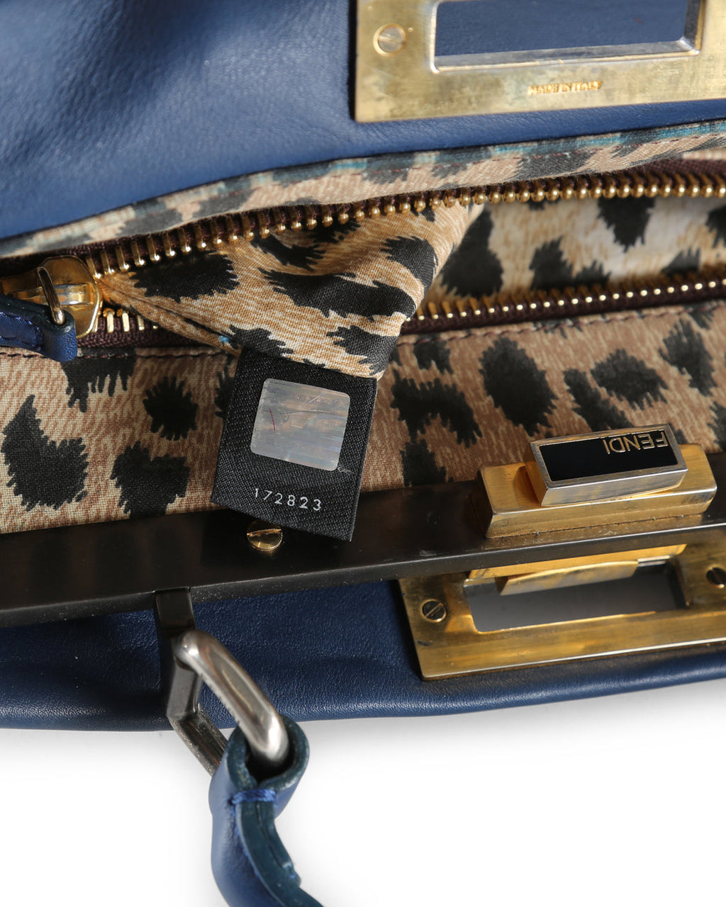 FENDI Blue Leather With Leopard Print Lining Medium Peekaboo Top Handle Bag