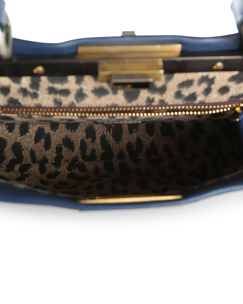 FENDI Blue Leather With Leopard Print Lining Medium Peekaboo Top Handle Bag