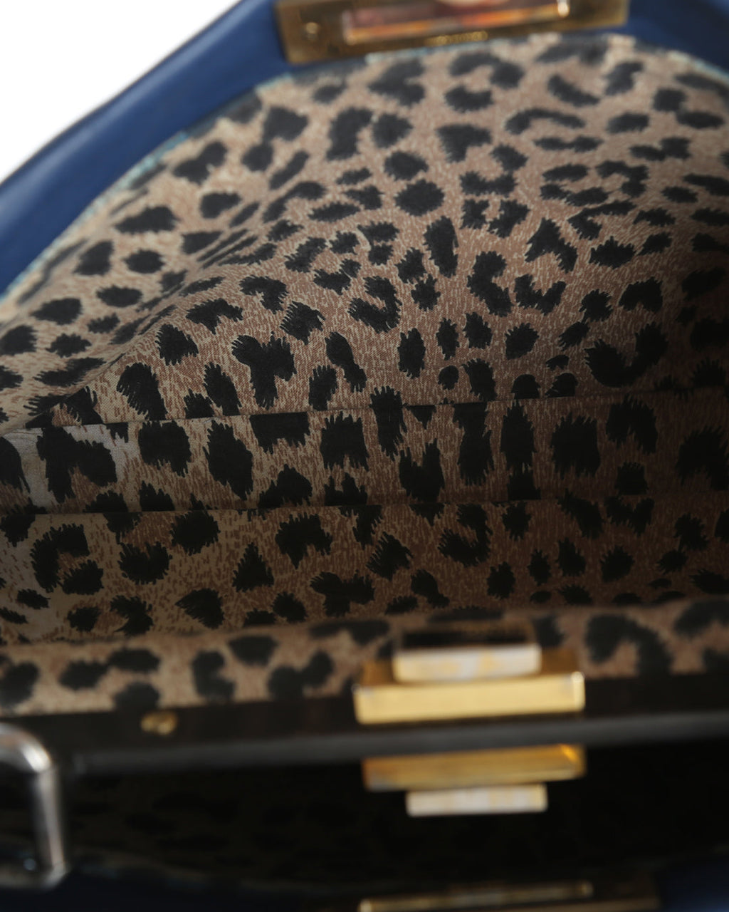 FENDI Blue Leather With Leopard Print Lining Medium Peekaboo Top Handle Bag