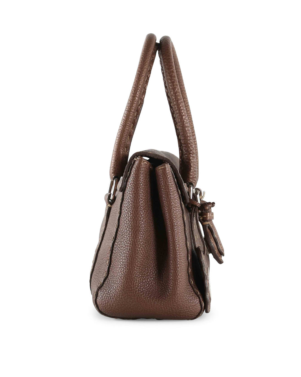 FENDI Brown Grained Leather Small Selleria Satchel Handle Bag