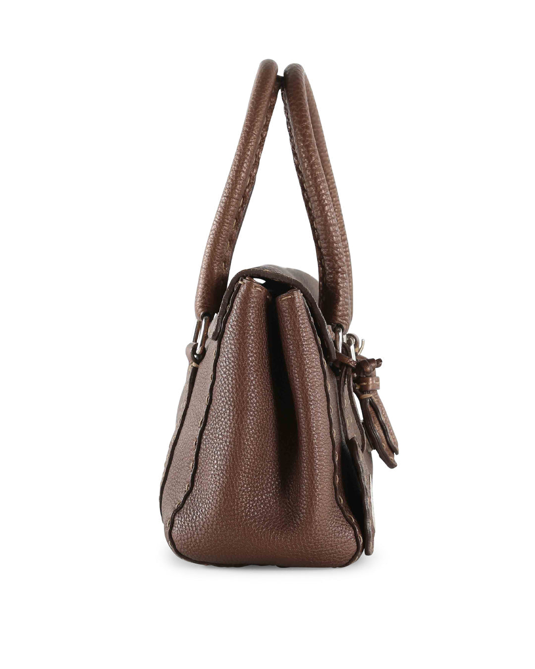 FENDI Brown Grained Leather Small Selleria Satchel Handle Bag