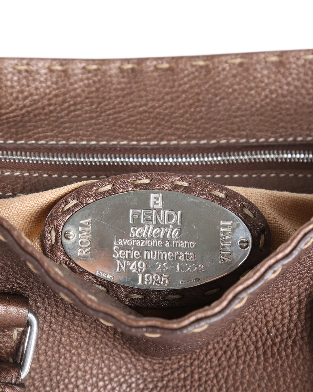 FENDI Brown Grained Leather Small Selleria Satchel Handle Bag