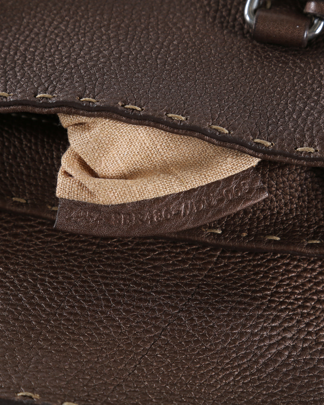 FENDI Brown Grained Leather Small Selleria Satchel Handle Bag