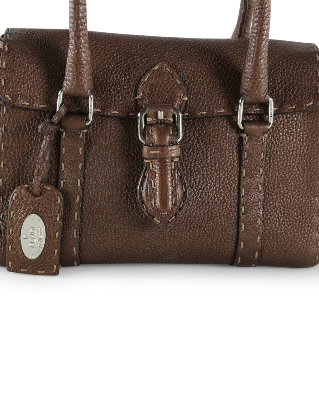 FENDI Brown Grained Leather Small Selleria Satchel Handle Bag