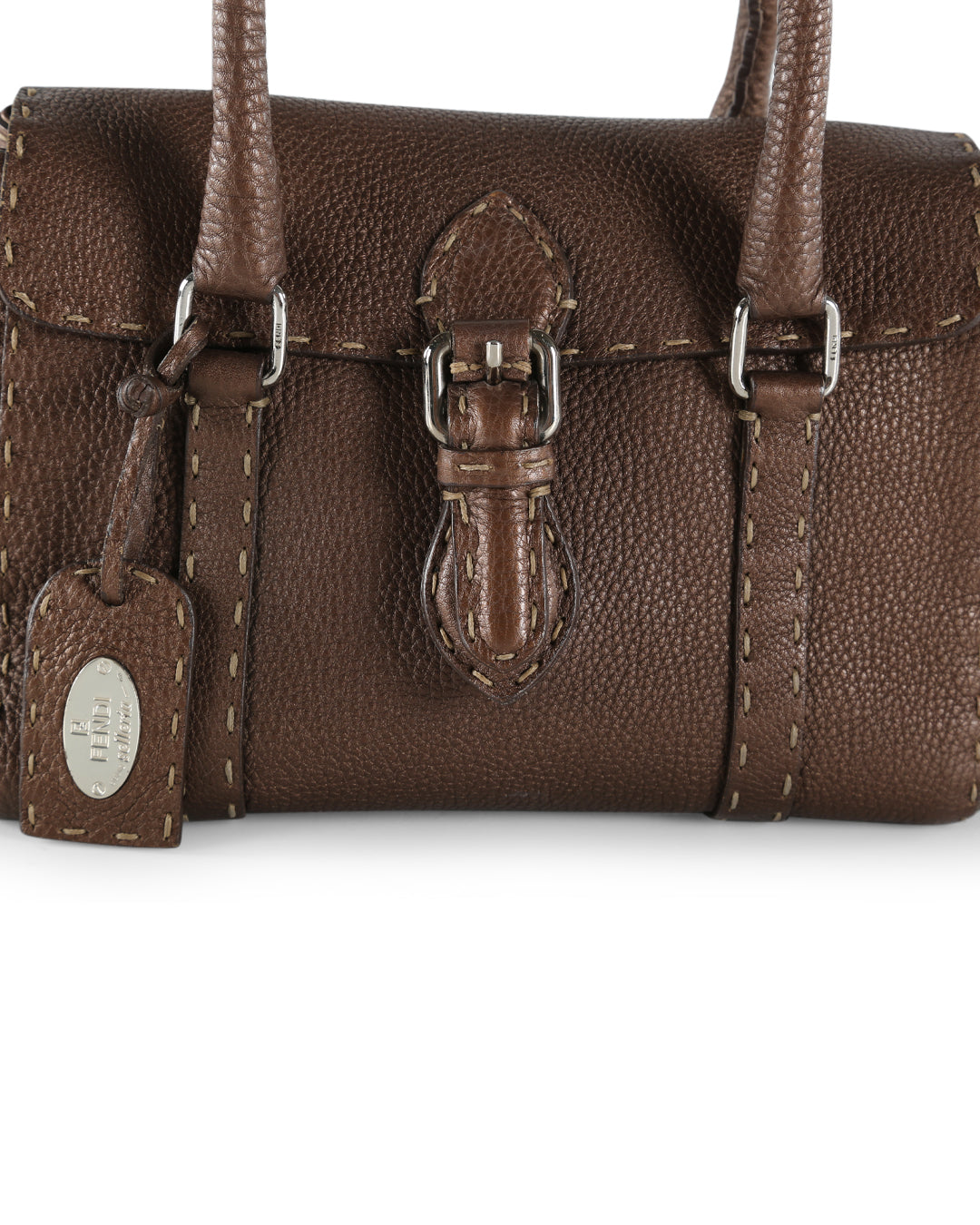 FENDI Brown Grained Leather Small Selleria Satchel Handle Bag