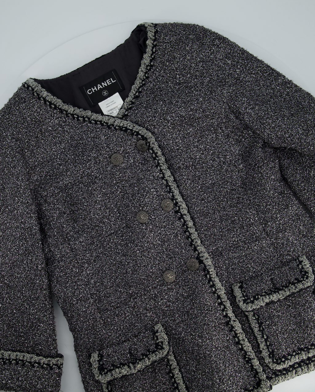 *HOT* Chanel 14/P La Petite Veste Noire Tweed Charcoal Grey Jacket with Silver Detail  Size FR 42 (UK 14)