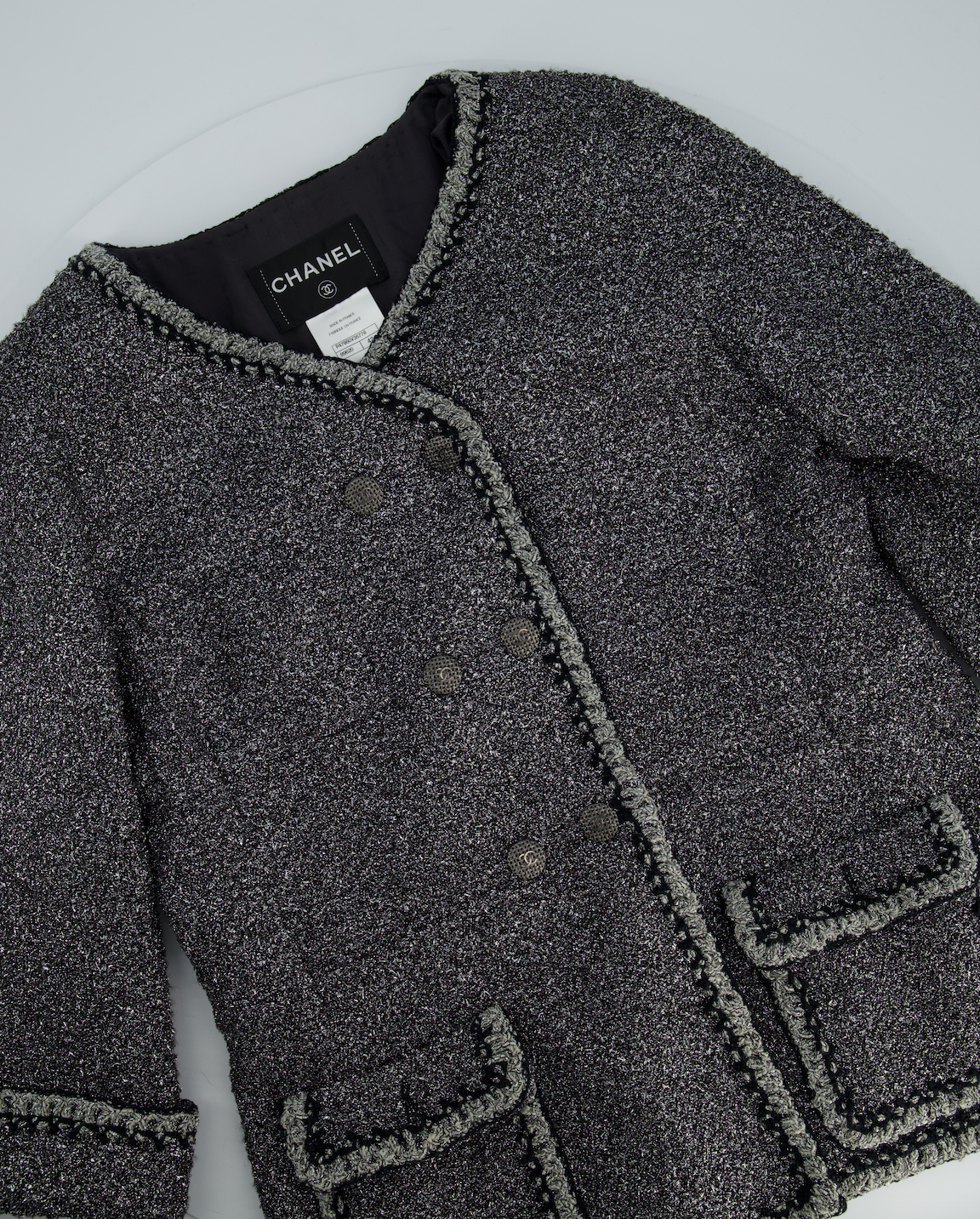 *HOT* Chanel 14/P La Petite Veste Noire Tweed Charcoal Grey Jacket with Silver Detail  Size FR 42 (UK 14)