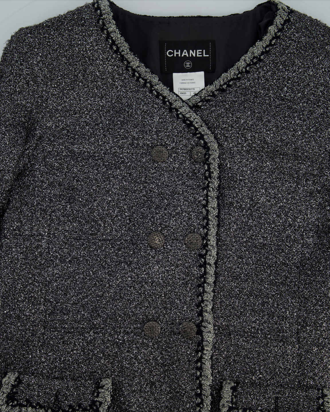 *HOT* Chanel 14/P La Petite Veste Noire Tweed Charcoal Grey Jacket with Silver Detail  Size FR 42 (UK 14)
