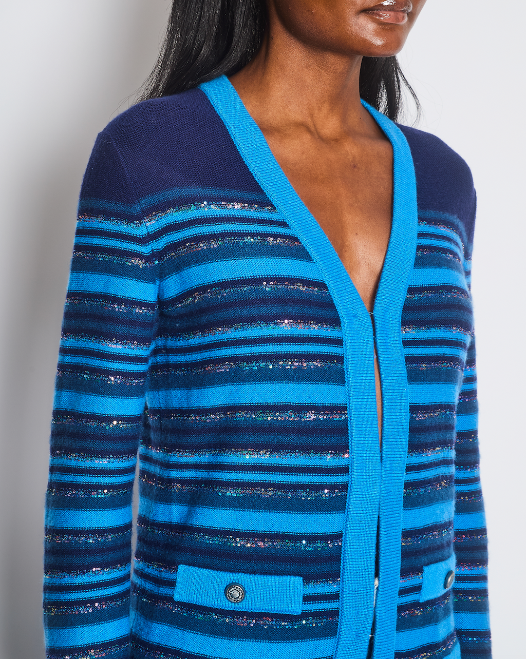 Chanel 20C Blue and Navy Cashmere Striped Long Cardigan with Multicolour Sequins Detail and Silver Camellia CC Buttons Size FR 36 (UK 8)