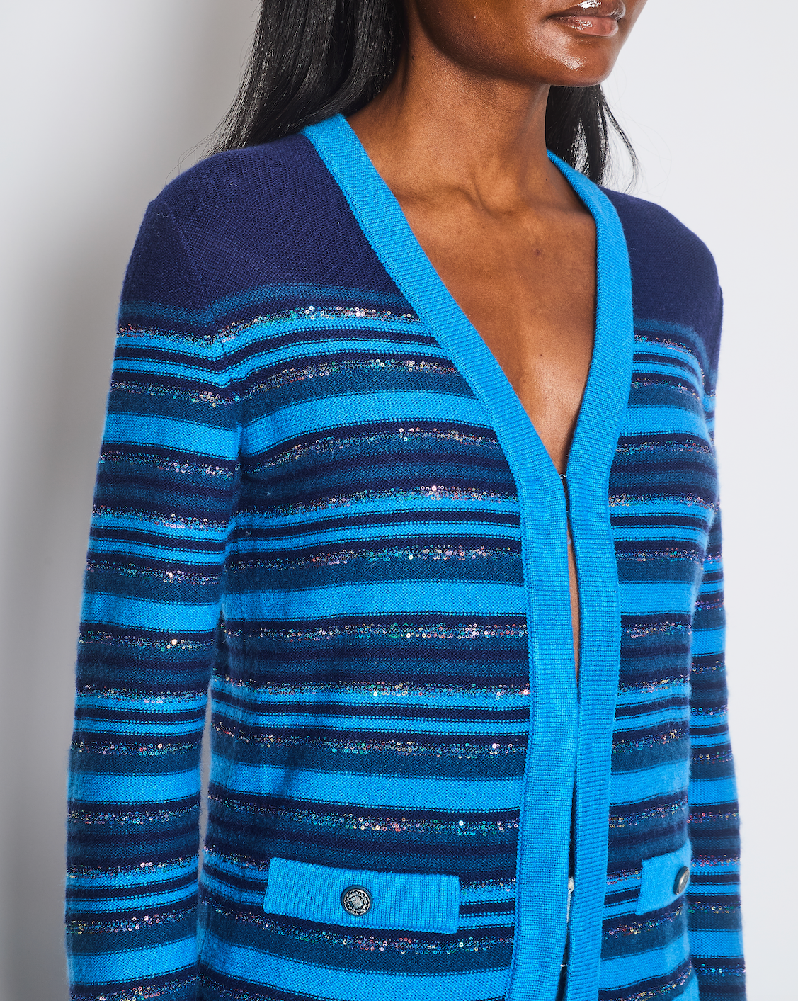 Chanel 20C Blue and Navy Cashmere Striped Long Cardigan with Multicolour Sequins Detail and Silver Camellia CC Buttons Size FR 36 (UK 8)
