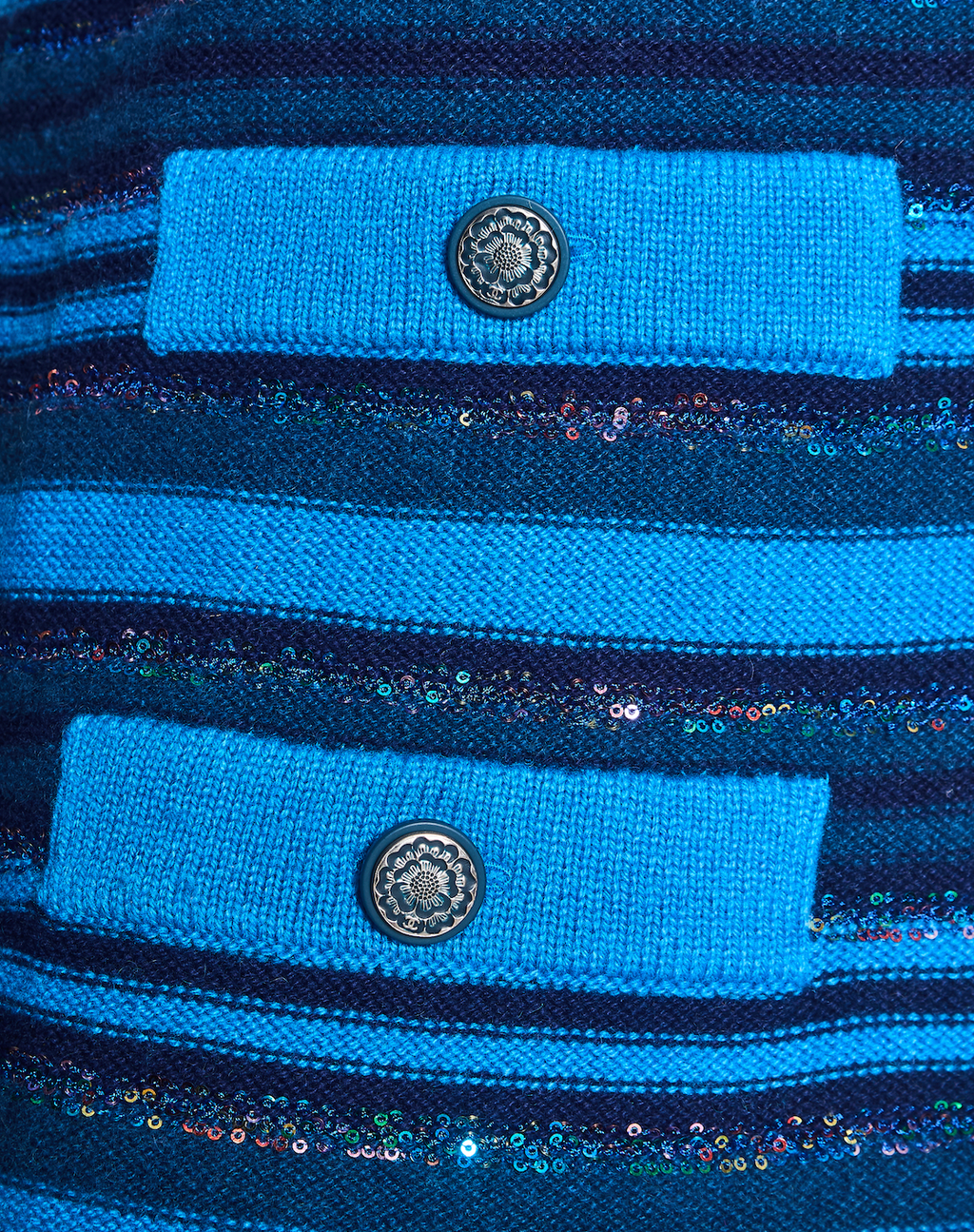 Chanel 20C Blue and Navy Cashmere Striped Long Cardigan with Multicolour Sequins Detail and Silver Camellia CC Buttons Size FR 36 (UK 8)