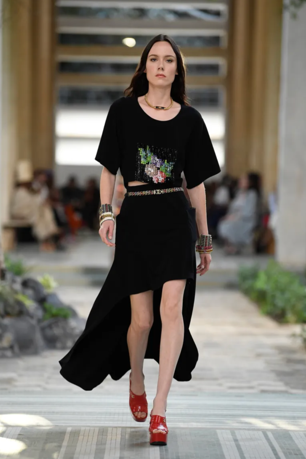 Chanel Métiers d'Art 2023 Black Cropped Top with Multi-Colour Sequin Patch Detail and Back Gold CC Logo Buttons Size FR 34 (UK 6)