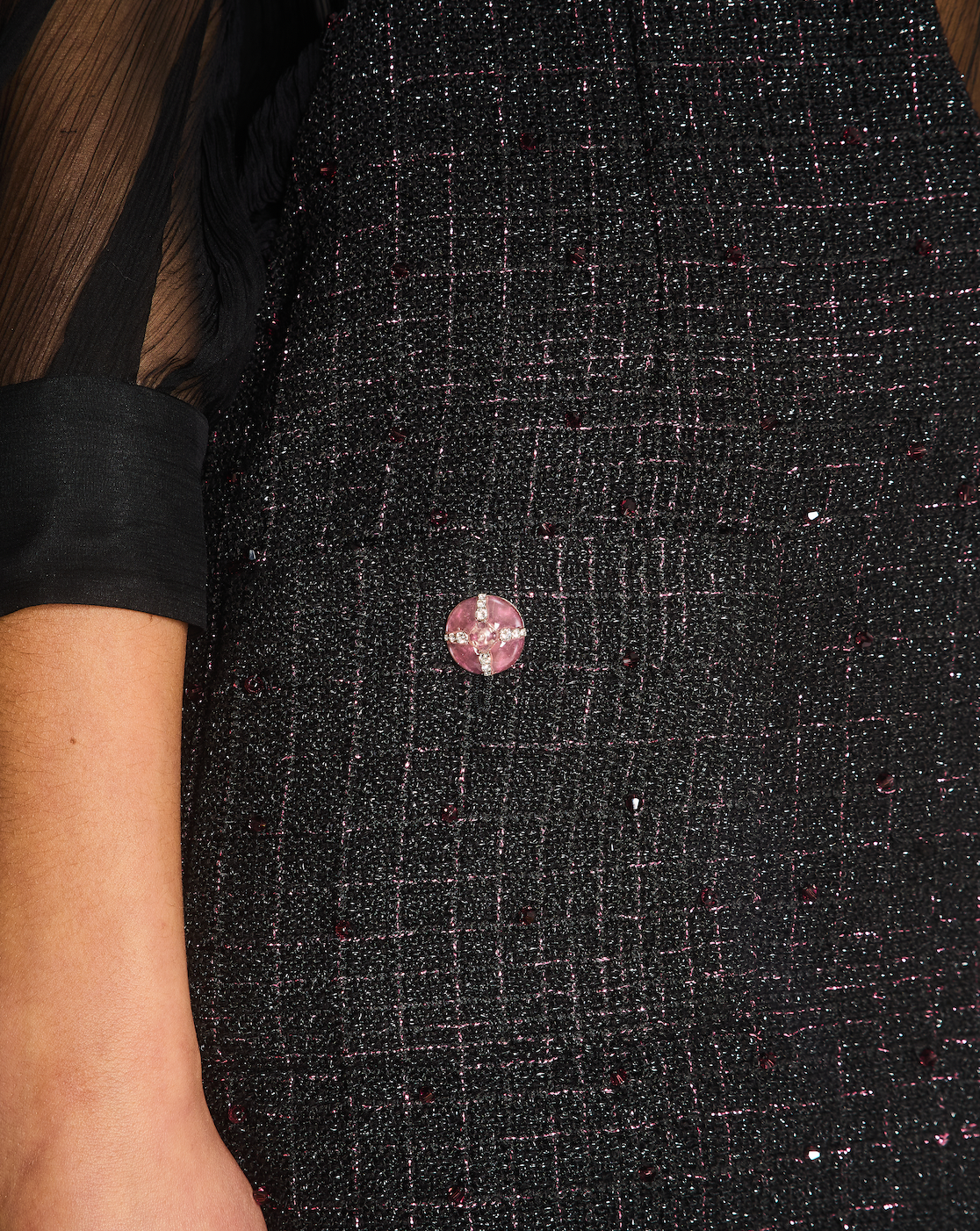 Chanel Resort 2024 Black Embellished Mini Dress with Pink Metallic Details and Crystal CC Logo Buttons Size FR 36 (UK 8)