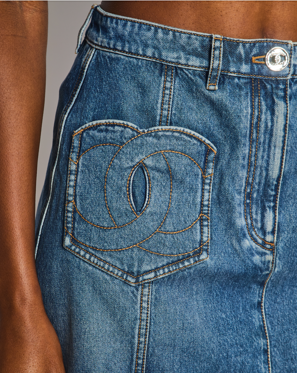 Chanel Blue Denim Mini Skirt with CC Logo Pocket Details Size FR 36 (UK 8)