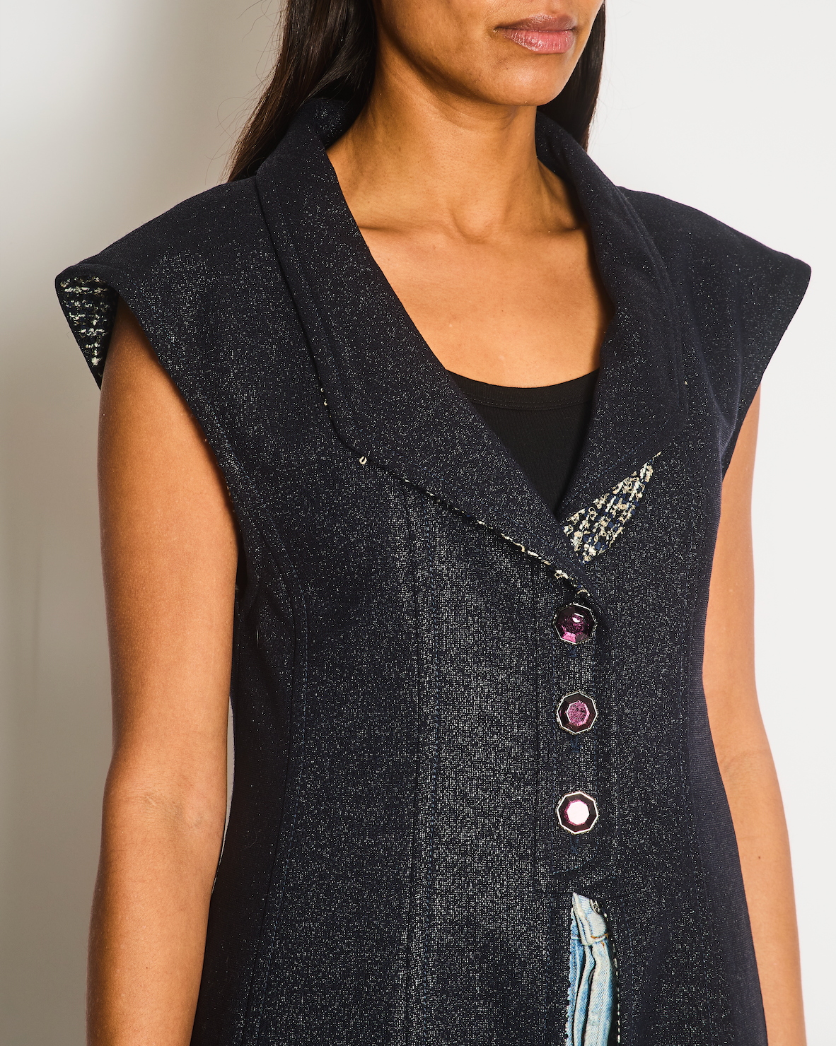 Chanel 12K Navy Sleeveless Gilet Dress with Pocket, Tweed and CC Hexagon Buttons Size FR 38 (UK 10)