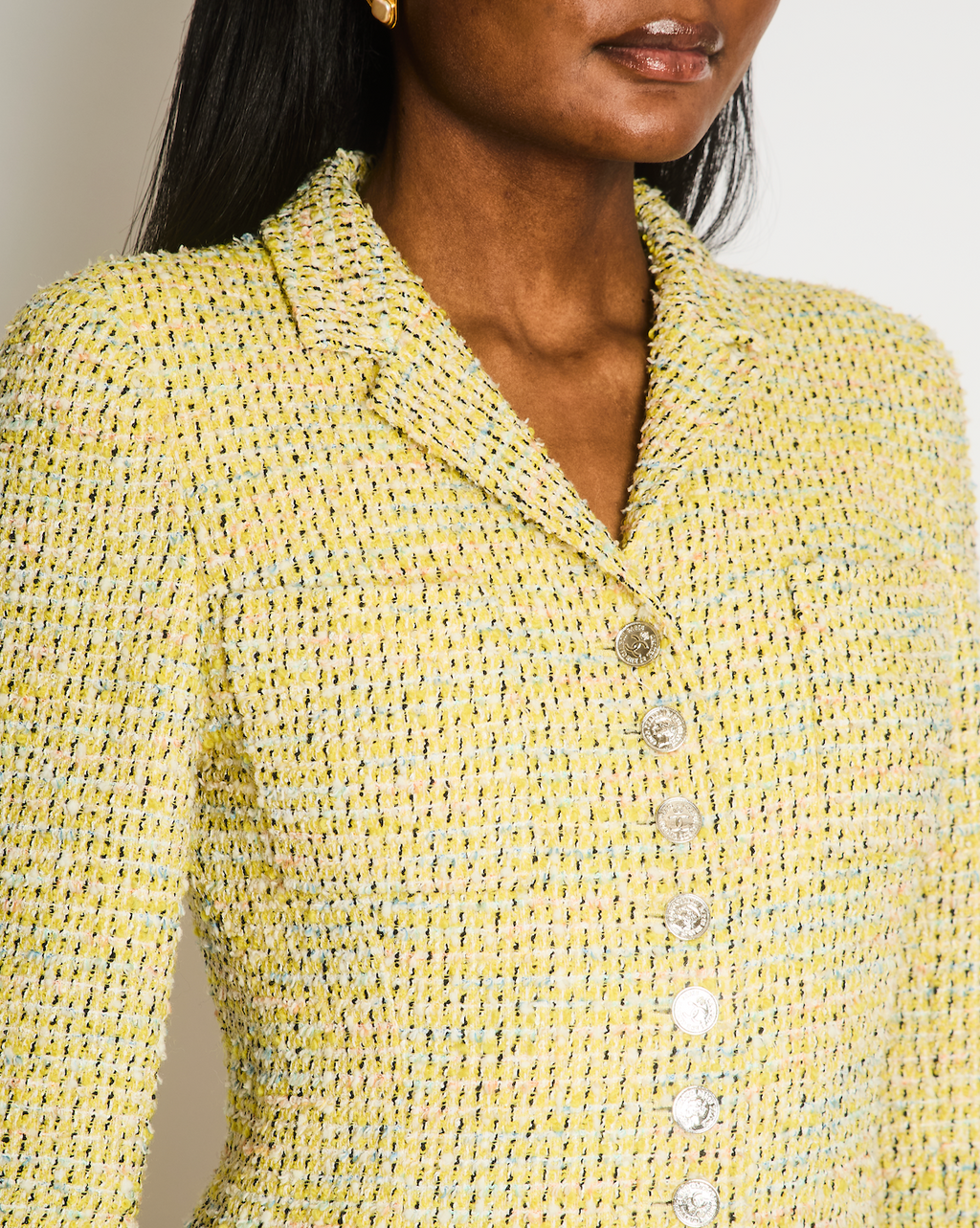 Chanel Vintage 96P Yellow and Multi-Colour Tweed Jacket with Silver Polished CC Logo Buttons and Front Pocket Details Size FR 38 (UK 10)