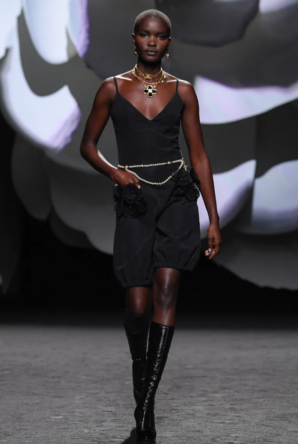 Chanel Fall 2023 Black Strappy Playsuit with 3D Camellia Flower Pocket Detail Size FR 36 (UK 8)