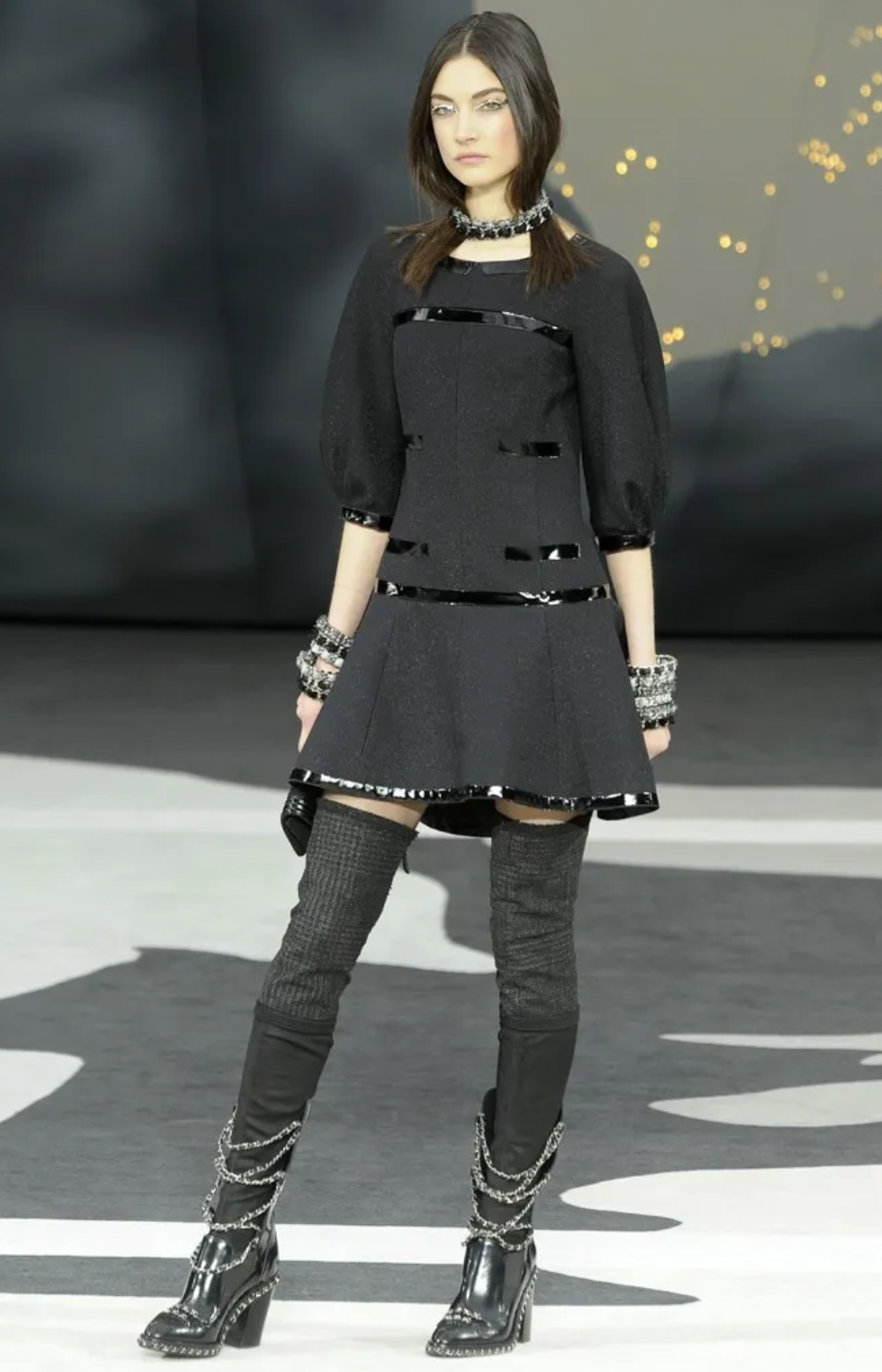 Chanel Fall 2013 Black Mini Dress with Patent Leather Effect Trim Details and Globe CC Logo Button Size FR 34 (UK 6)