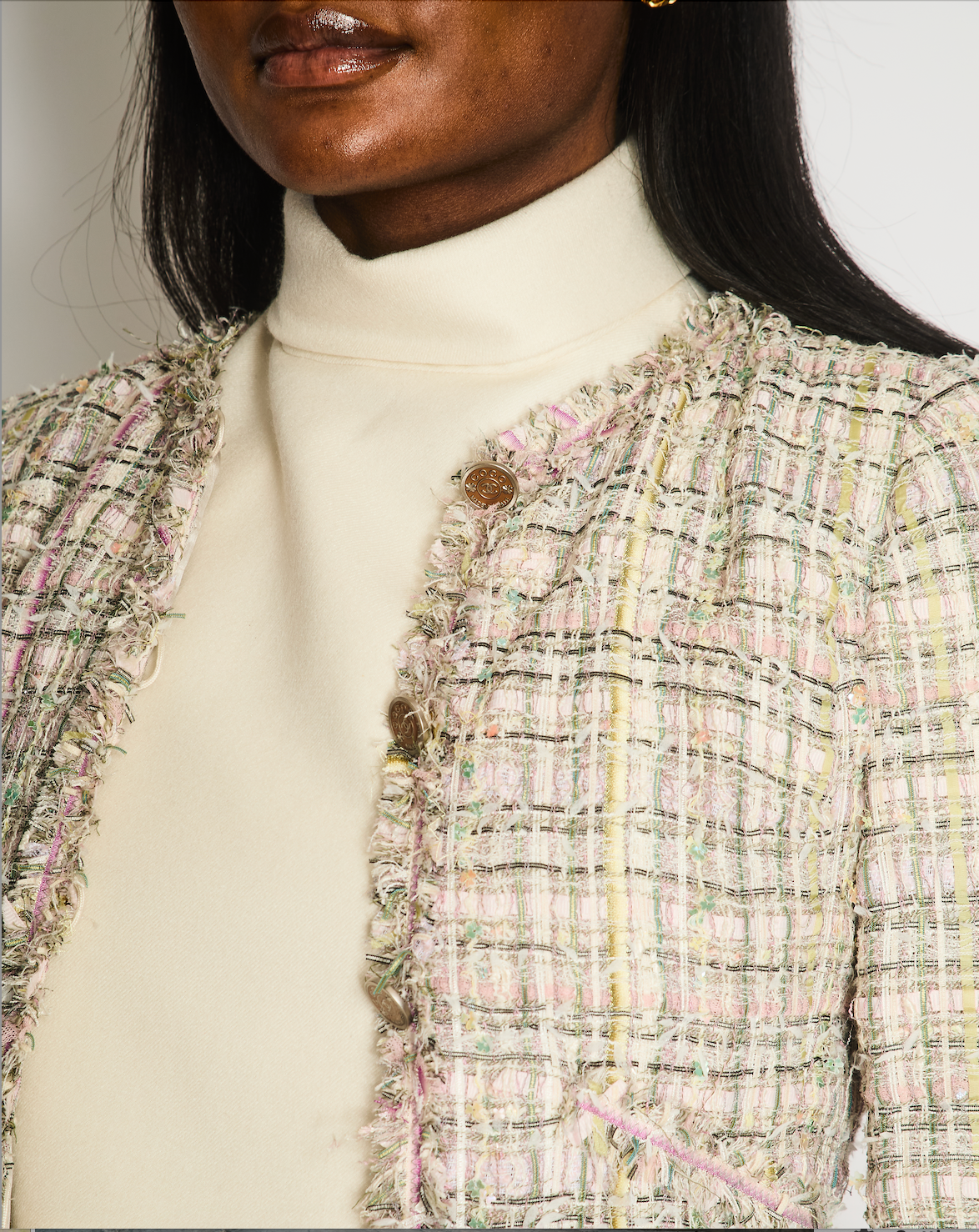 Chanel Vintage 05P Pastel Pink, Purple and Green Tweed Jacket with Coco CC Buttons Size FR 34 (UK 6)