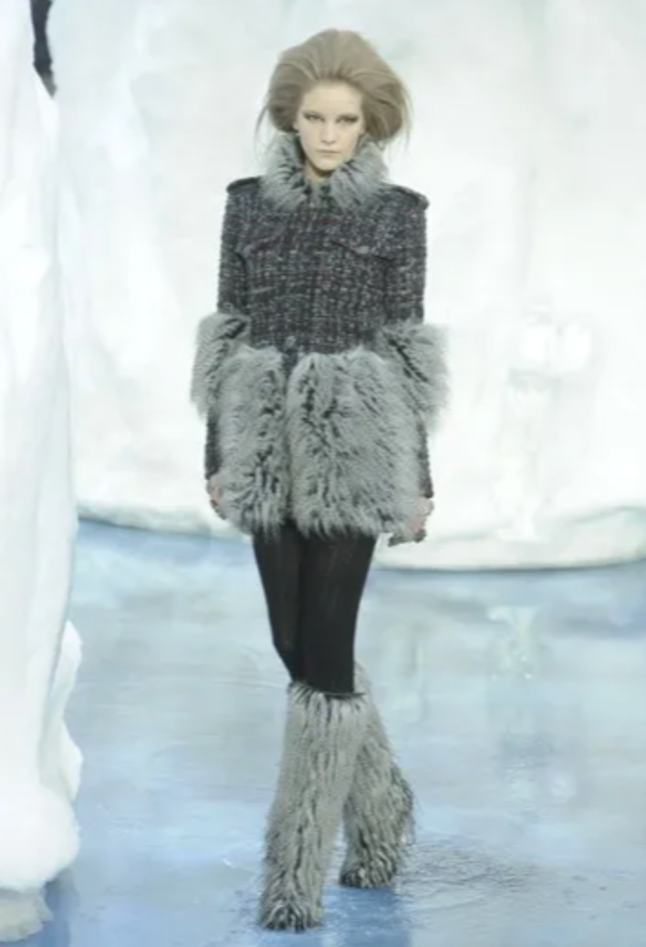 Chanel Fall 2010 Runway Black Tweed Coat with Grey Faux Fur Details and Silver Gold Aged CC Logo Buttons Size FR 42 (UK 14)
