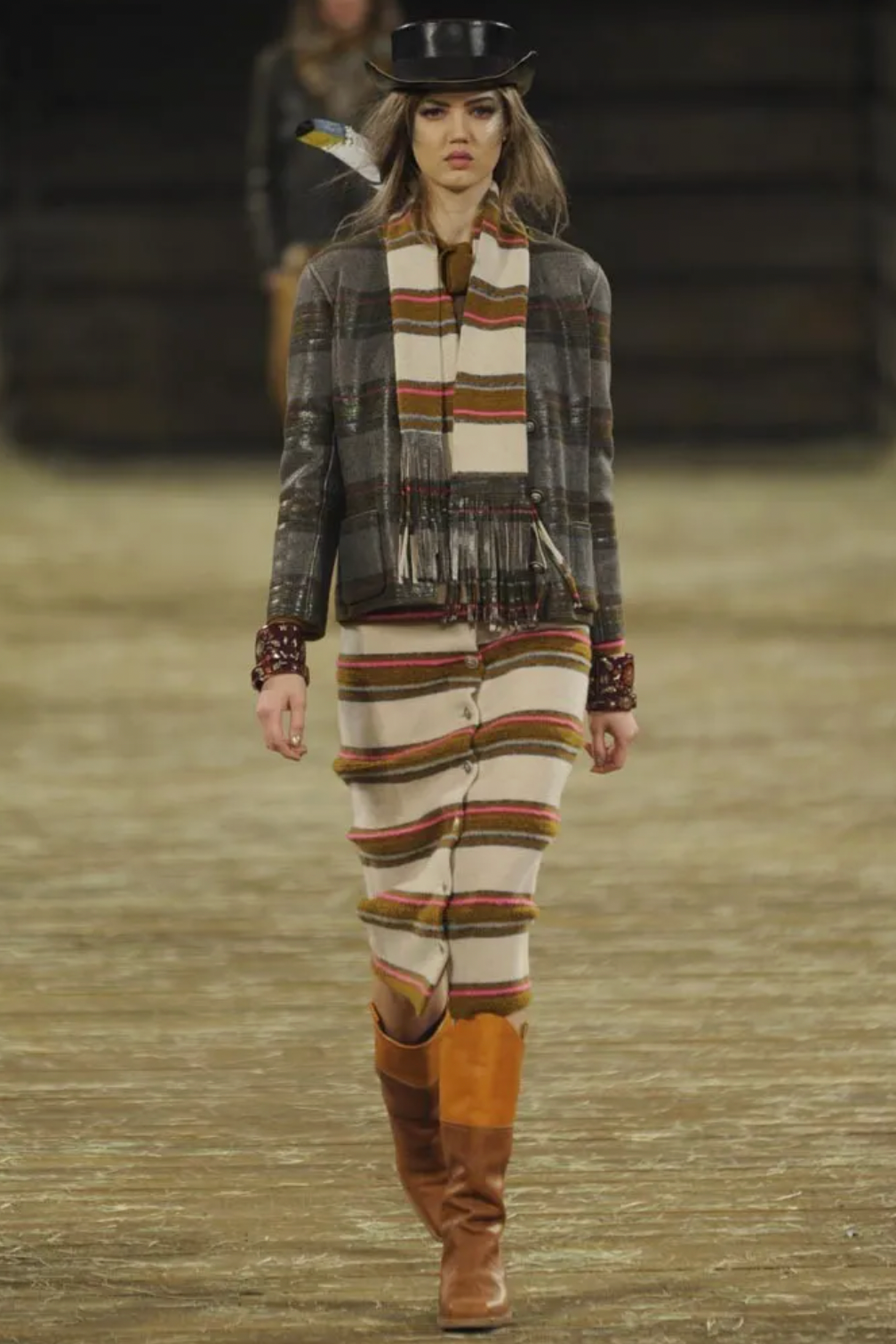 Chanel Pre-Fall 2014 Dallas Beige, Brown and Pink Cashmere Midi Skirt with Silver Star Buttons Size FR 36 (UK 8)