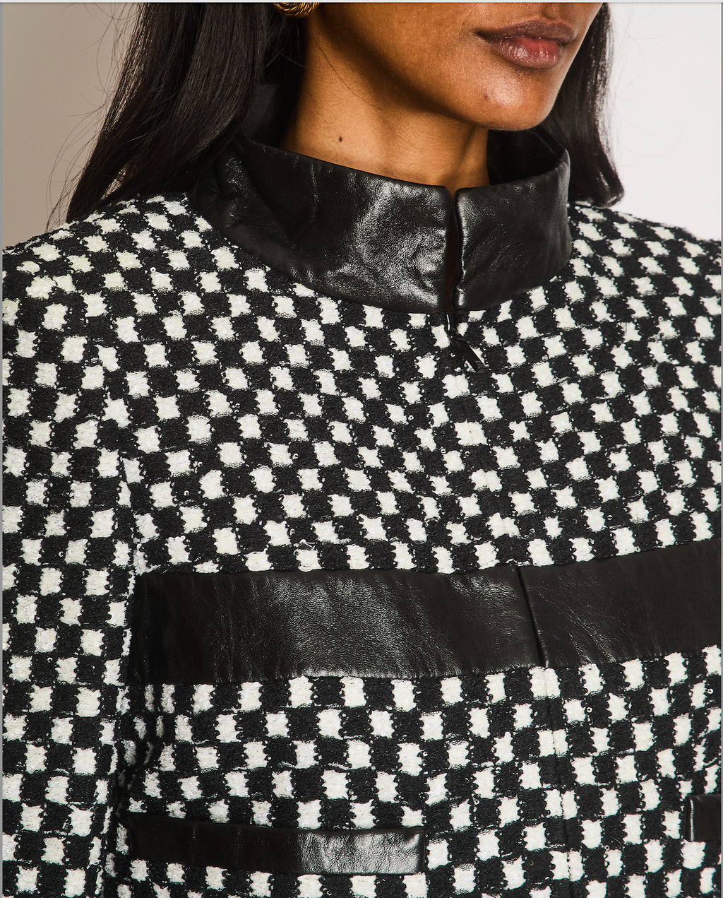 Chanel Black and White Checkered Jacket with Sequin Embellishments and Leather Trims with Black and White CC Logo Button Detail Size FR 36 (UK 8)