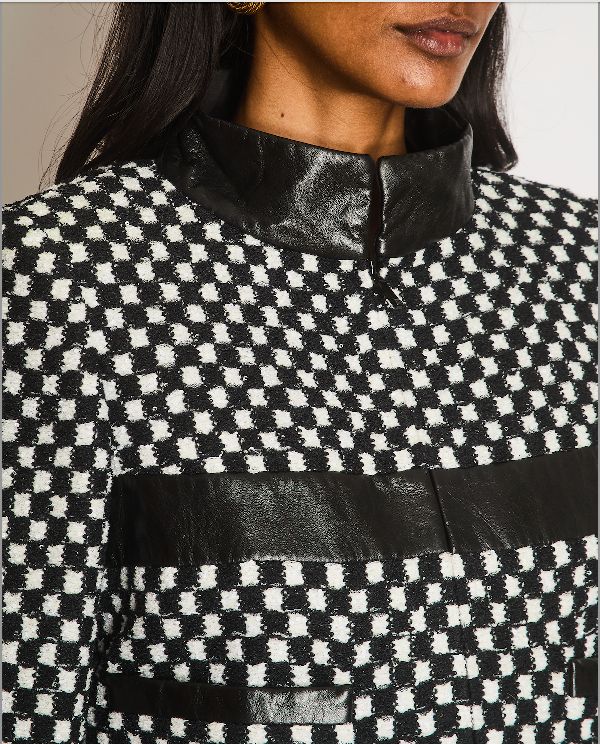 Chanel Black and White Checkered Jacket with Sequin Embellishments and Leather Trims with Black and White CC Logo Button Detail Size FR 36 (UK 8)