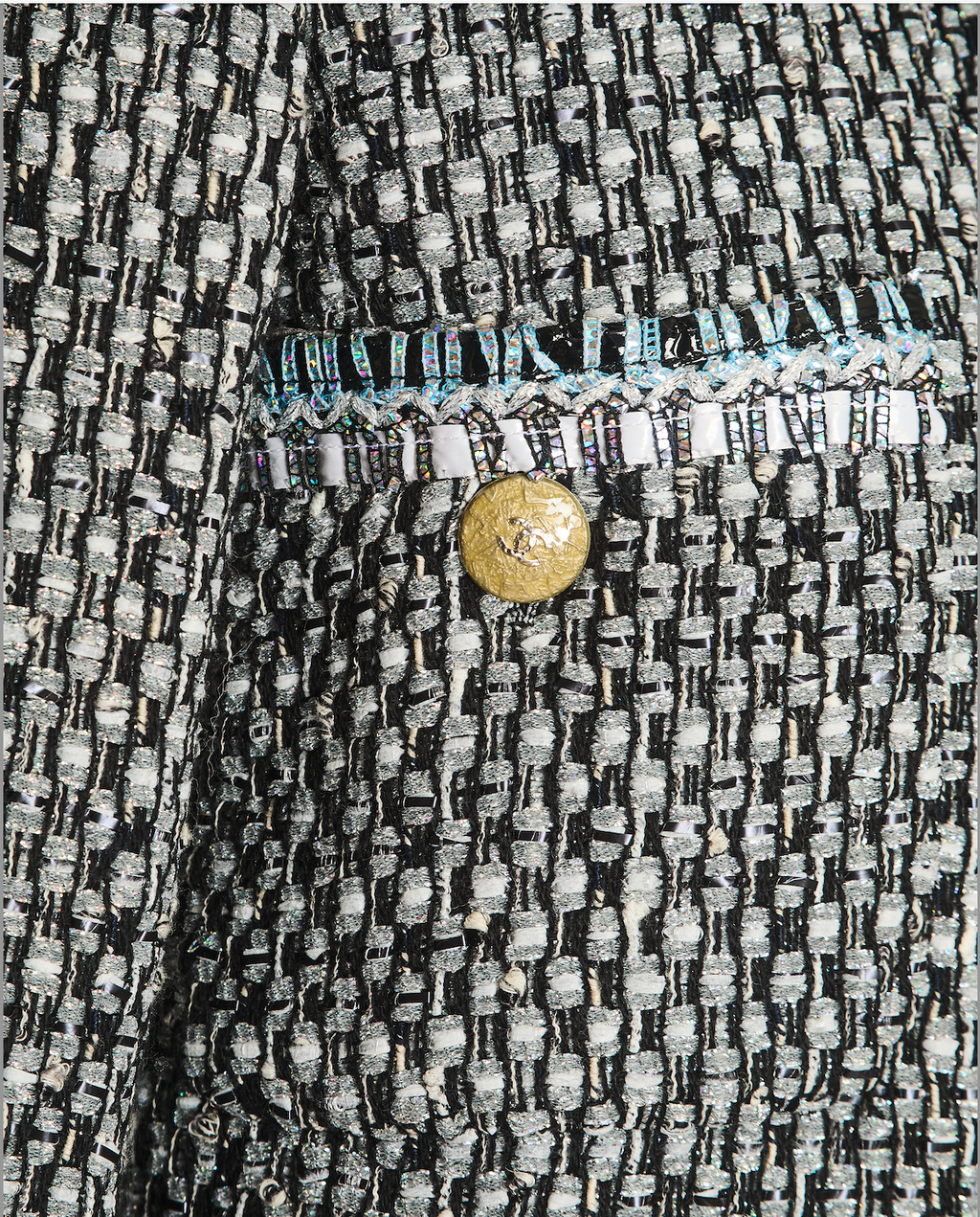Chanel Black, White, and Grey Tweed Coat with Iridescent Details and Gold CC Logo Buttons with Front Pockets Size FR 36 (UK 8)