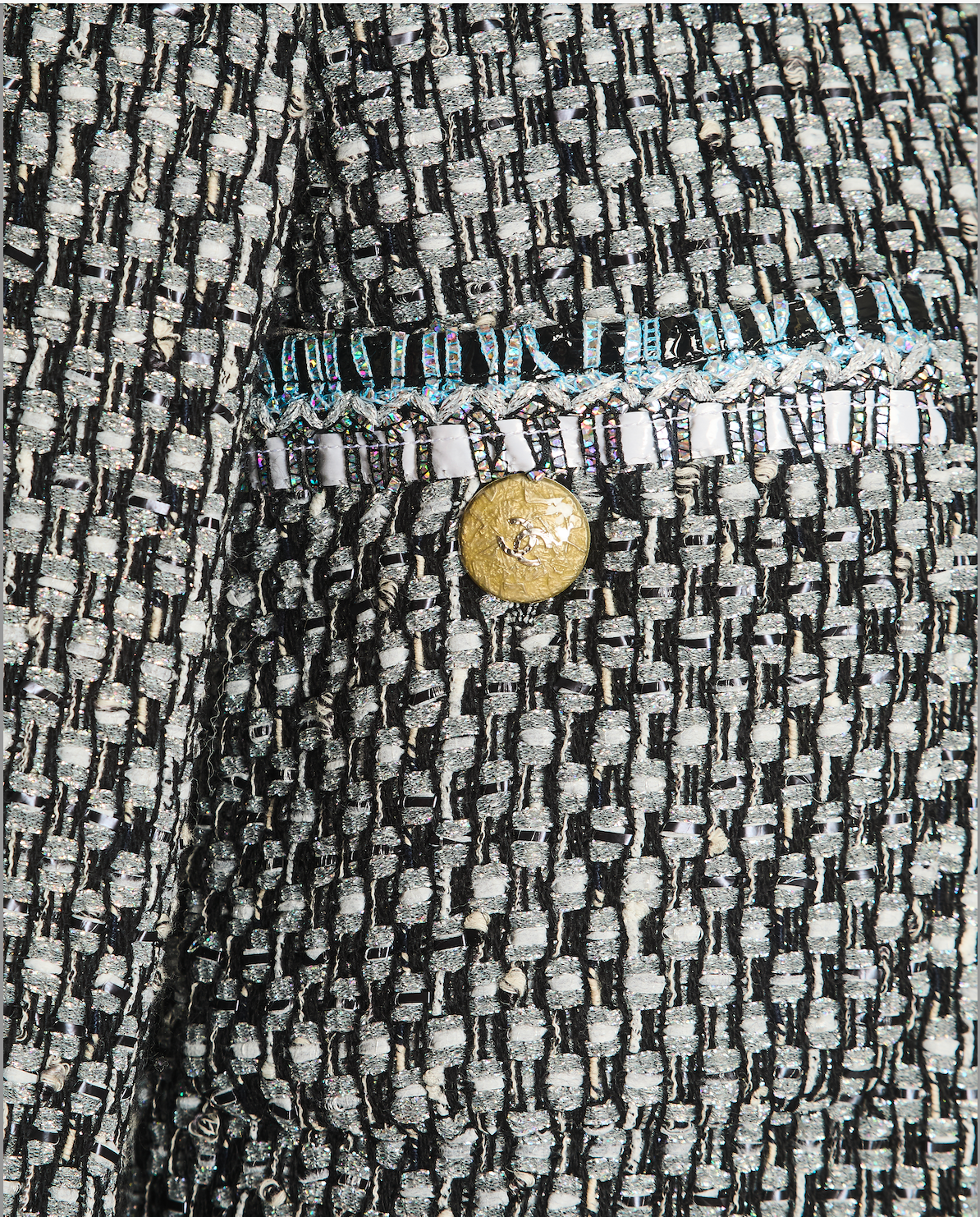 Chanel Black, White, and Grey Tweed Coat with Iridescent Details and Gold CC Logo Buttons with Front Pockets Size FR 36 (UK 8)