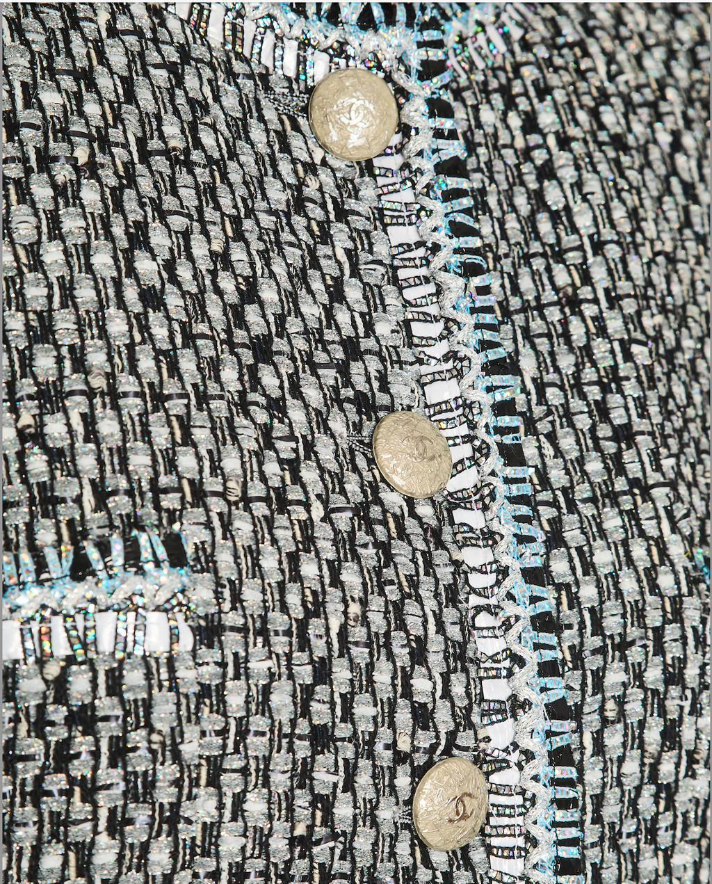 Chanel Black, White, and Grey Tweed Coat with Iridescent Details and Gold CC Logo Buttons with Front Pockets Size FR 36 (UK 8)