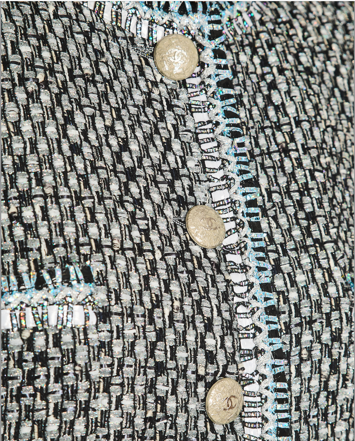 Chanel Black, White, and Grey Tweed Coat with Iridescent Details and Gold CC Logo Buttons with Front Pockets Size FR 36 (UK 8)