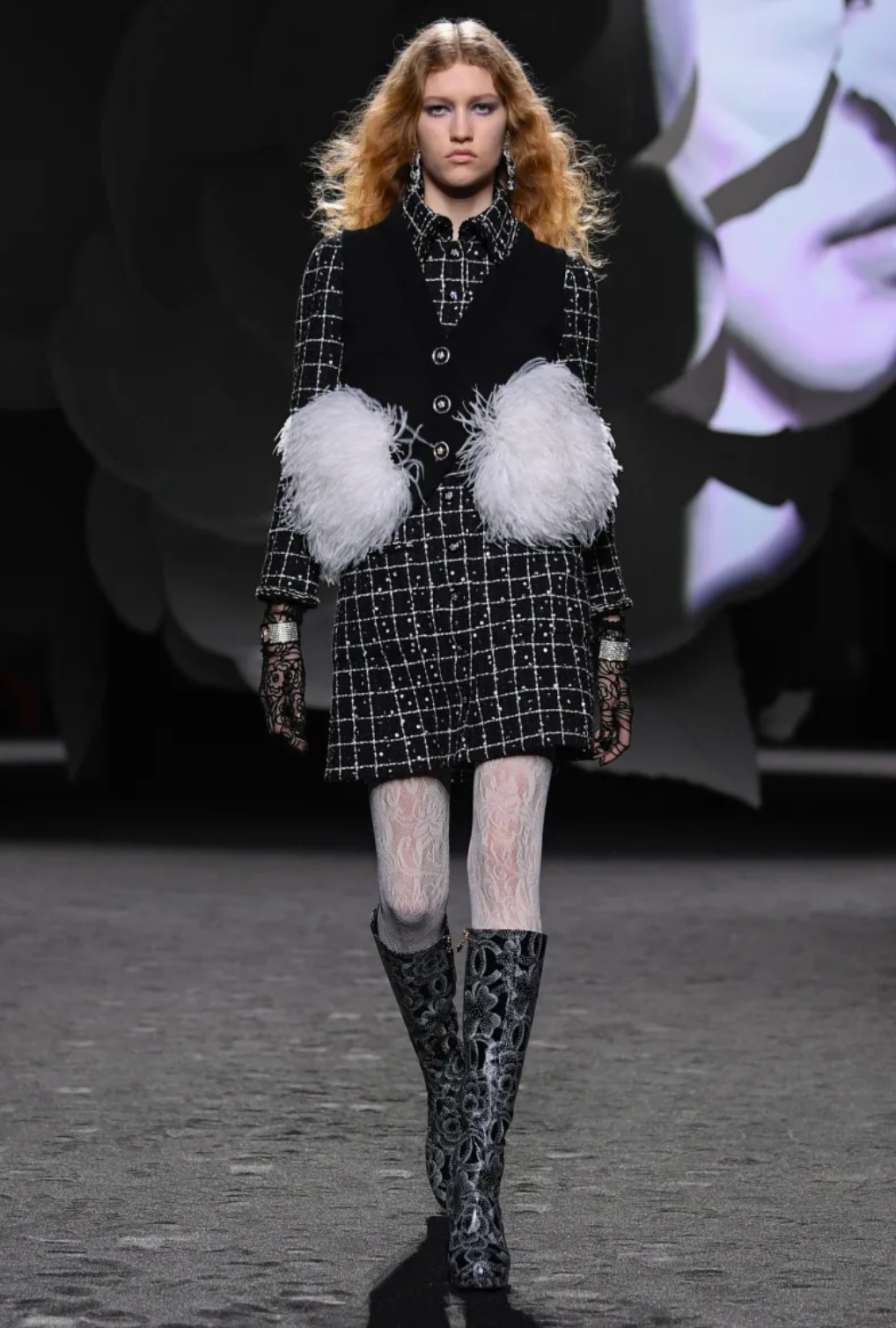 Chanel 23K Runway Camellia and CC Logo Print Heeled Boots in Black Crumpled Leather Size EU 39C