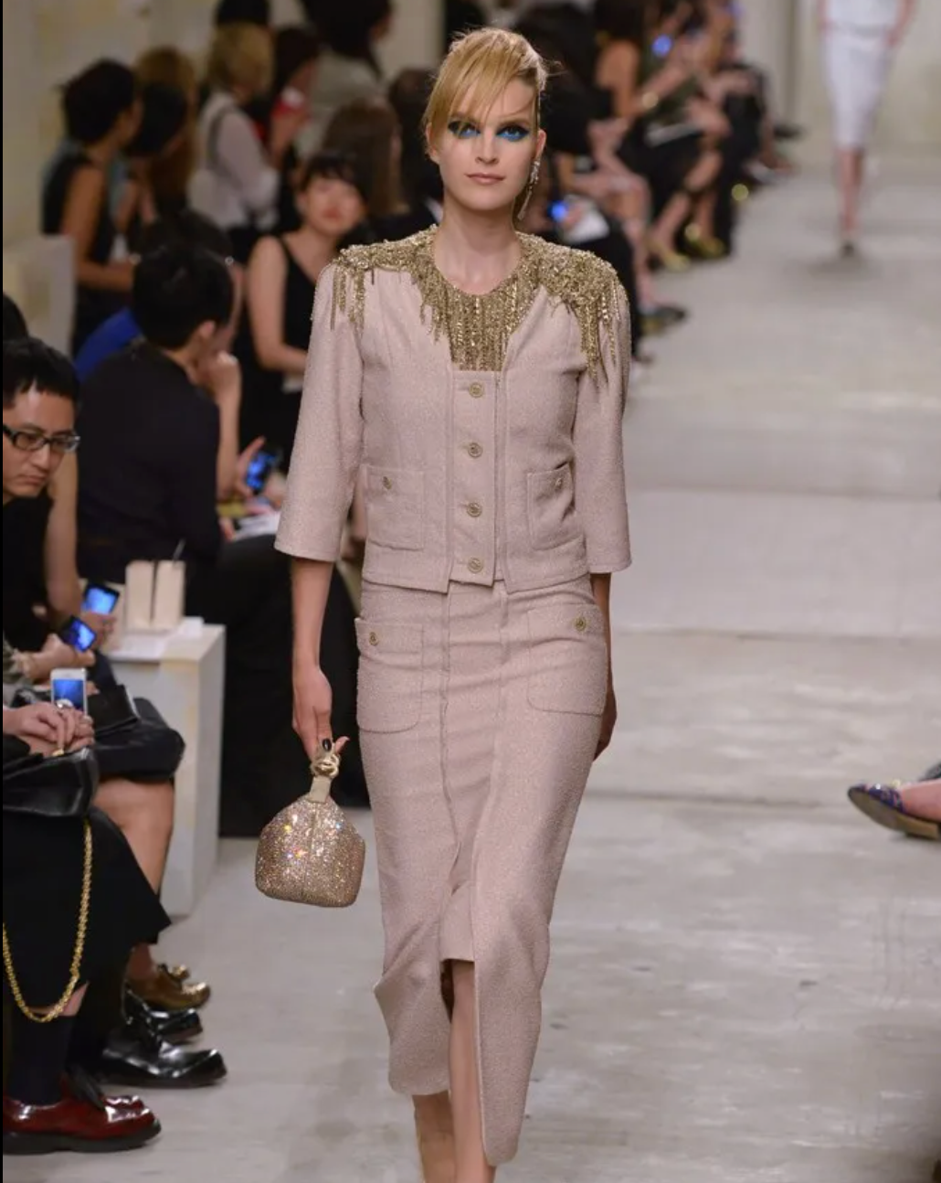 Chanel Cruise 2014 Beige and Metallic Gold Jacket with Gold CC Logo Buttons Size FR 42 (UK 14)